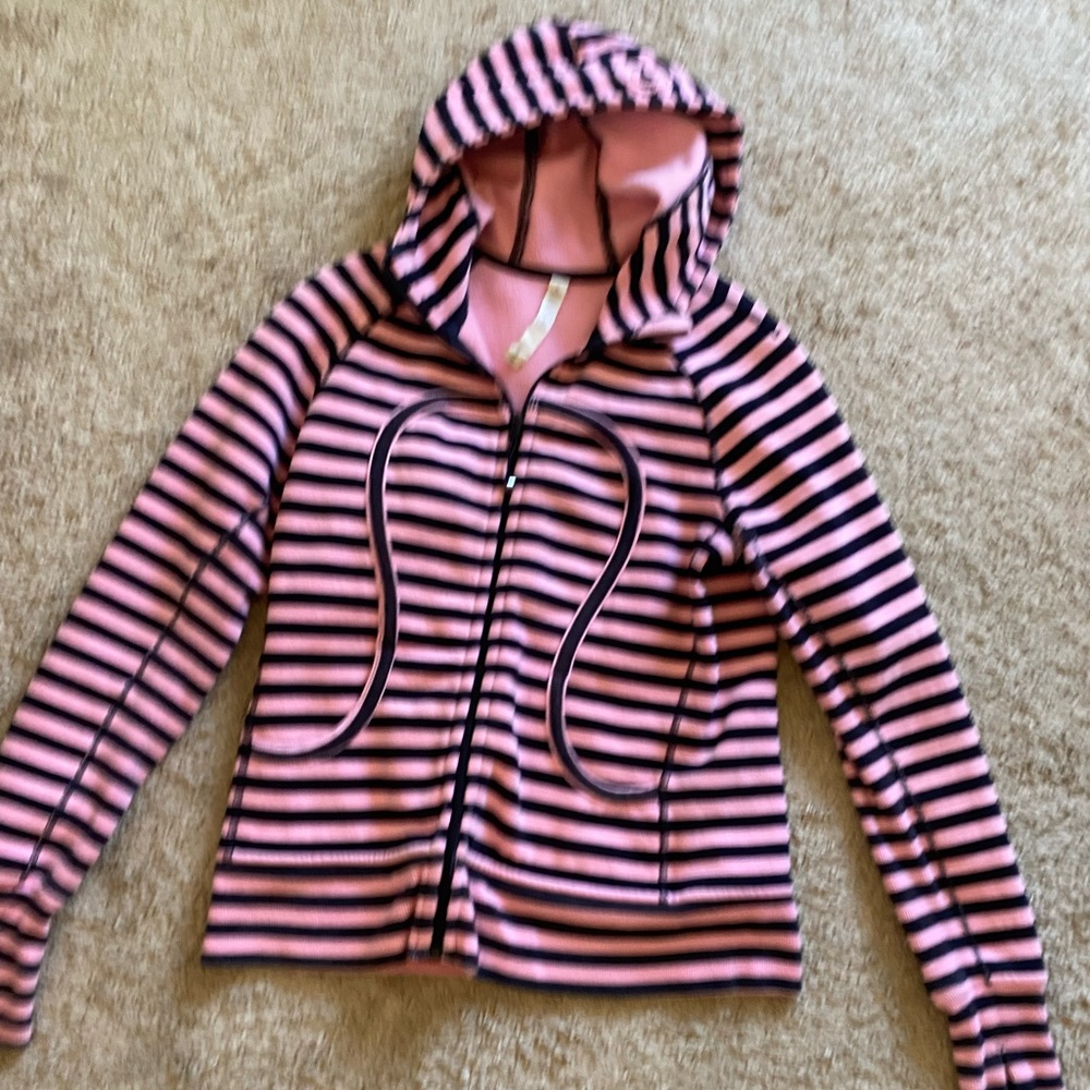 Lululemon Pink and Black Striped Scuba Hoodie